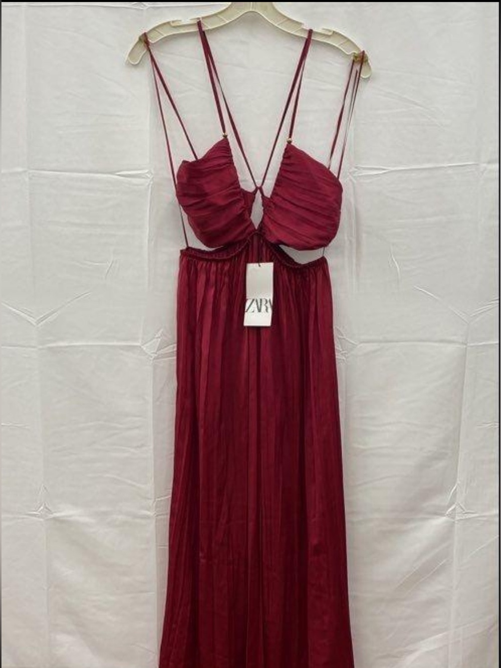ZARA Burgundy Strappy Ruched Maxi Dress